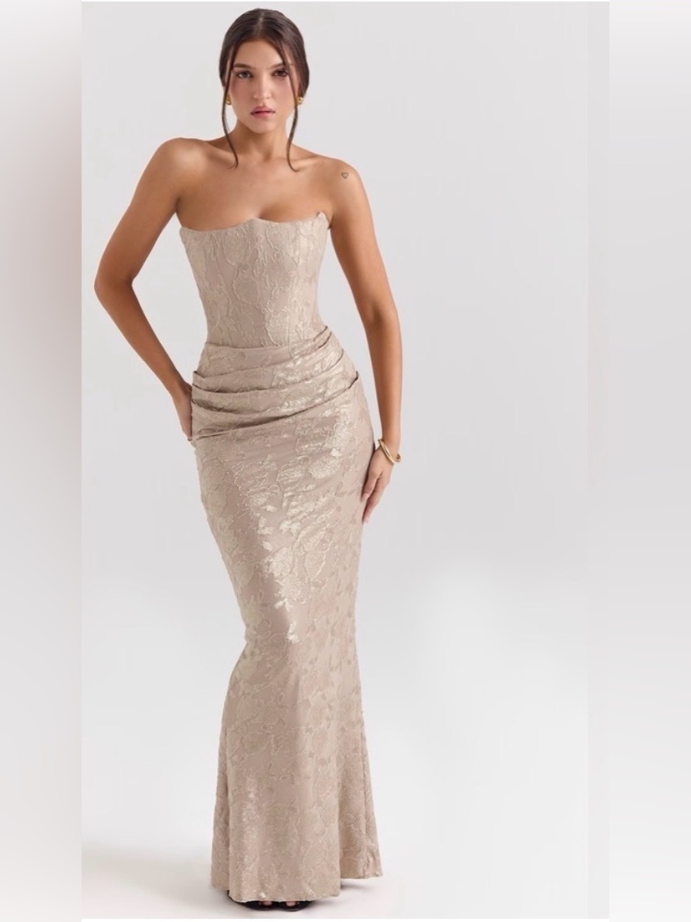 House of CB Strapless Lace Mermaid Gown in Champagne